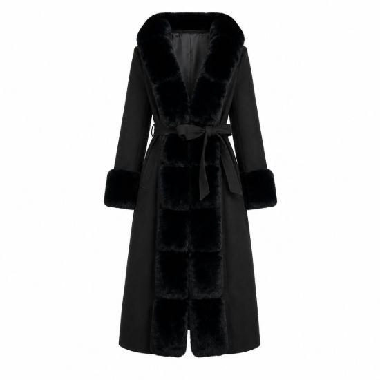 Picture of Long hooded coat with belt and detachable faux fur