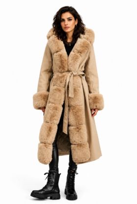 Picture of Long hooded coat with belt and detachable faux fur