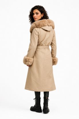 Picture of Long hooded coat with belt and detachable faux fur